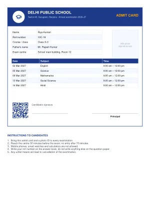 Admit Card — School Exam template