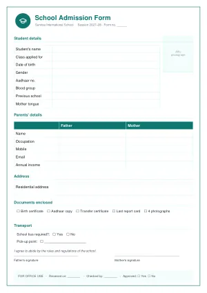 School Admission Form template