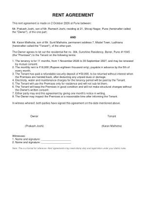 Rent Agreement (format) template