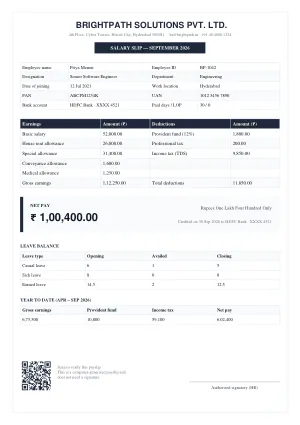 Salary Slip — Classic Boxed (BrightPath) template